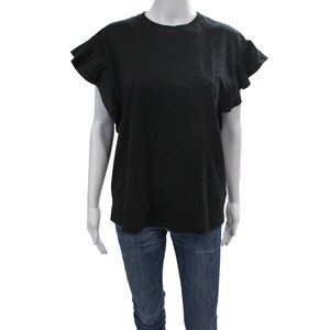 Victoria Victoria Beckham Womens Cotton Ruffle Cap Sleeve Blouse Top Black Sz S